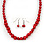 8mm Red Glass Bead Necklace & Drop Earring Set In Silver Metal - 38cm Length/ 4cm Extension - view 2