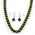 Olive Green Glass Bead Necklace & Drop Earring Set In Silver Metal - 38cm Length/ 4cm Extension - view 2