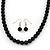 Black Glass Bead Necklace & Drop Earring Set In Silver Metal - 38cm Length/ 4cm Extension - view 2
