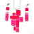 Hot Pink 'Summer Shapes' Necklace & Drop Earrings Set In Matte Silver Plating - 40cm Length/ 7cm Extension