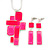 Hot Pink 'Summer Shapes' Necklace & Drop Earrings Set In Matte Silver Plating - 40cm Length/ 7cm Extension - view 2