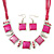 Pink Enamel Square Station Cotton Cords Necklace & Drop Earrings In Rhodium Plating Set - 36cm Length/ 6cm Extension