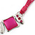 Pink Enamel Square Station Cotton Cords Necklace & Drop Earrings In Rhodium Plating Set - 36cm Length/ 6cm Extension - view 3
