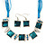 Teal Enamel Square Station Cotton Cords Necklace & Drop Earrings In Rhodium Plating Set - 36cm Length/ 6cm Extension