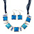 Light Blue Enamel Square Station Cotton Cords Necklace & Drop Earrings In Rhodium Plating Set - 36cm Length/ 6cm Extension