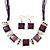 Deep Purple Enamel Square Station Cotton Cords Necklace & Drop Earrings In Rhodium Plating Set - 36cm Length/ 6cm Extension