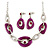 Fuchsia Enamel Oval Geometric Chain Necklace & Drop Earrings Set In Rhodium Plating - 38cm Length/ 6cm Extension - view 2