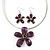 Purple Enamel Diamante 'Flower' Wire Necklace & Drop Earrings Set In Silver Plating - 38cm Length/ 5cm Extension