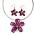 Fuchsia Enamel Diamante 'Flower' Wire Necklace & Drop Earrings Set In Silver Plating - 38cm Length/ 5cm Extension