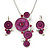 Magenta 'Floral Circles' Pendant Necklace & Drop Earrings Set In Rhodium Plating - 36cm Length/ 6cm Extension