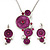 Magenta 'Floral Circles' Pendant Necklace & Drop Earrings Set In Rhodium Plating - 36cm Length/ 6cm Extension - view 2