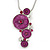 Magenta 'Floral Circles' Pendant Necklace & Drop Earrings Set In Rhodium Plating - 36cm Length/ 6cm Extension - view 3