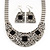 Ethnic Silver Tone Filigree, Black Glass Stone Necklace With T-Bar Closure & Drop Earrings Set - 40cm Length - view 2