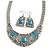 Ethnic Silver Tone Filigree, Turquoise Stone Necklace With T-Bar Closure & Drop Earrings Set - 40cm Length - view 2