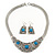 Ethnic Silver Tone Filigree, Turquoise Stone Necklace With T-Bar Closure & Drop Earrings Set - 40cm Length - view 9