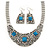 Ethnic Silver Tone Filigree, Turquoise Stone Necklace With T-Bar Closure & Drop Earrings Set - 40cm Length - view 7