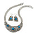 Ethnic Silver Tone Filigree, Turquoise Stone Necklace With T-Bar Closure & Drop Earrings Set - 40cm Length - view 6
