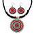 Ethnic Red Enamel Medallion Pendant Necklace On Leather Cord & Drop Earrings Set In Silver Plating - 40cm Length/ 7cm Extension