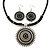 Ethnic Black Enamel Medallion Pendant Necklace On Leather Cord & Drop Earrings Set In Silver Plating - 40cm Length/ 7cm Extension