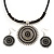 Ethnic Black Enamel Medallion Pendant Necklace On Leather Cord & Drop Earrings Set In Silver Plating - 40cm Length/ 7cm Extension - view 3