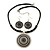 Ethnic Black Enamel Medallion Pendant Necklace On Leather Cord & Drop Earrings Set In Silver Plating - 40cm Length/ 7cm Extension - view 2
