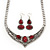 Ethnic Burn Silver Hammered, Burgundy Red Ceramic Stone Necklace With T-Bar Closure & Drop Earrings Set - 40cm Length