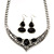 Ethnic Burn Silver Hammered, Black Ceramic Stone Necklace With T-Bar Closure & Drop Earrings Set - 40cm Length