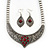 Ethnic Burn Silver Hammered, Red Ceramic Stone Necklace With T-Bar Closure & Teardrop Earrings Set - 42cm Length
