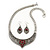 Ethnic Burn Silver Hammered, Red Ceramic Stone Necklace With T-Bar Closure & Teardrop Earrings Set - 42cm Length - view 2