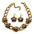 Vintage Diamante Flower Choker Necklace & Drop Earring In Antique Gold Metal - 34cm Length/7cm Extension