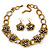 Vintage Diamante Flower Choker Necklace & Drop Earring In Antique Gold Metal - 34cm Length/7cm Extension - view 3