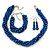 Cobalt Blue, Metallic Blue Glass Pearl Bead Multi Strand Neckace, Bracelet & Drop Earrings Set In Silver Tone - 34cm Length/ 4cm Extender