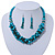 Teal Faux Pearl/ Glass Crystal Cluster Necklace & Drop Earrings Set In Silver Plating - 38cm Length/ 6cm Extender - view 1