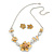 Yellow Cream Enamel Flower & Butterfly Necklace & Stud Earring Set In Rhodium Plating - 36cm Length/ 5cm Extension