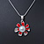 Enamel Red Simulated Pearl, Crystal Flower Pendant With Silver Tone Snake Style Chain & Stud Earrings Set - 40cm Length/ 6cm Extender - view 3