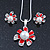 Enamel Red Simulated Pearl, Crystal Flower Pendant With Silver Tone Snake Style Chain & Stud Earrings Set - 40cm Length/ 6cm Extender - view 1