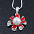 Enamel Red Simulated Pearl, Crystal Flower Pendant With Silver Tone Snake Style Chain & Stud Earrings Set - 40cm Length/ 6cm Extender - view 4