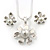 Enamel White Simulated Pearl, Crystal Flower Pendant With Silver Tone Snake Style Chain & Stud Earrings Set - 40cm Length/6cm Extender - view 2
