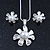 Enamel White Simulated Pearl, Crystal Flower Pendant With Silver Tone Snake Style Chain & Stud Earrings Set - 40cm Length/6cm Extender