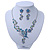 Azure/ Blue/ Green Austrian Crystal 'Butterfly' Necklace & Drop Earring Set In Rhodium Plating - 40cm Length/ 6cm Extension - view 2
