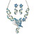 Azure/ Blue/ Green Austrian Crystal 'Butterfly' Necklace & Drop Earring Set In Rhodium Plating - 40cm Length/ 6cm Extension