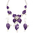 Purple Enamel Diamante Floral Necklace & Drop Leaf Earrings Set In Rhodium Plated Metal - 40cm Length/ 7cm extender