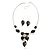 Black Enamel Diamante Floral Necklace & Drop Leaf Earrings Set In Rhodium Plated Metal - 40cm Length/ 7cm extender - view 11