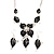 Black Enamel Diamante Floral Necklace & Drop Leaf Earrings Set In Rhodium Plated Metal - 40cm Length/ 7cm extender