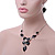 Black Enamel Diamante Floral Necklace & Drop Leaf Earrings Set In Rhodium Plated Metal - 40cm Length/ 7cm extender - view 2