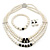 3-Strand Black Glass Bead, White Imitation Pearl Necklace, Flex Bracelet & Drop Earrings Set In Silver Plated Metal - 40cm L