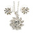 Clear Austrian Crystal Flower Pendant With Silver Tone Chain and Stud Earrings Set - 40cm L/ 5cm Ext - Gift Boxed