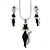 Black Crystal Cat Pendant With Silver Tone Chain & Drop Earrings Set - 40cm Length/ 4cm Extension