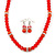 Bright Red Glass Bead Necklace & Drop Earrings Set With Diamante Rings - 44cm Length - view 3