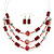 3 Strand Red, Silver Glass Bead Wire Necklace & Drop Earrings Set In Silver Tone - 44cm Length/ 5cm Extension
